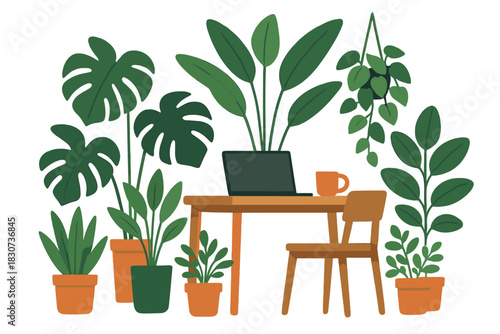 Cozy home workspace surrounded by lush green potted houseplants and modern furniture