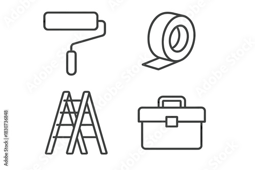 Essential construction and renovation tools including paint roller, ladder, tape, and toolbox