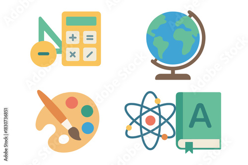 Set of colorful educational symbols for school subjects including math, geography, art, and science