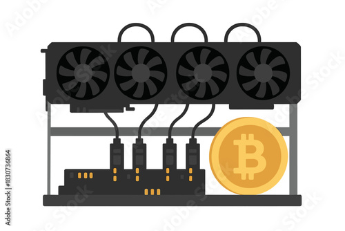 Professional cryptocurrency mining apparatus with multiple cooling units and large golden digital coin