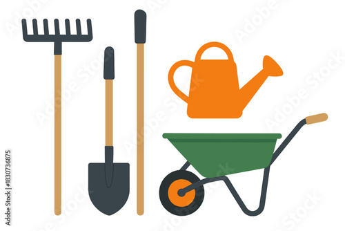 Essential gardening equipment set with rake, shovel, watering can, and wheelbarrow
