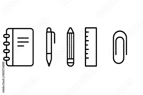 Essential and school supplies set including notebook pen pencil ruler and paperclip