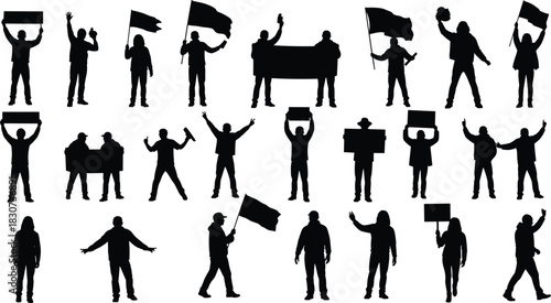 Silhouettes of diverse protestors holding banners, signs, and flags demonstrating various activism poses, political rally expressions, social movement unity, public demonstration concepts