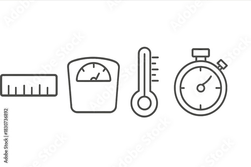 Ruler, body weight scale, thermometer, and stopwatch measurement tools