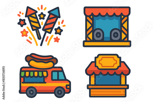 Colorful festival and entertainment symbols including fireworks, stage, food truck, and ticket booth