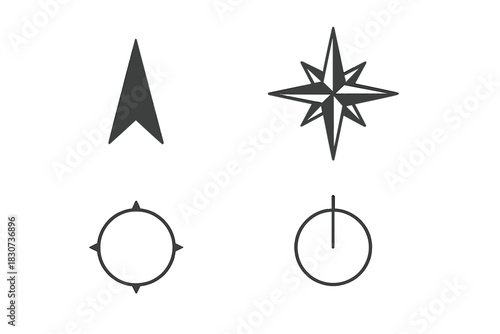 Minimalist set of four navigation and direction icons including compass rose and location markers