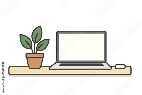Simple home desk with a laptop and a small houseplant on a light wooden surface