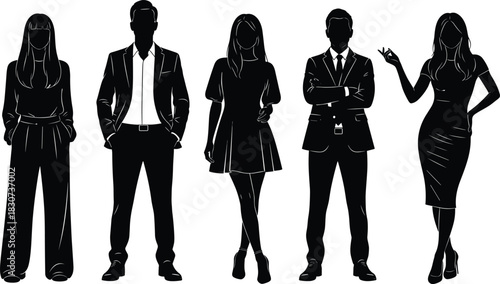 Silhouettes of diverse stylish business professionals standing confidently in modern outfits, representing corporate teamwork, leadership, office workforce and contemporary professional