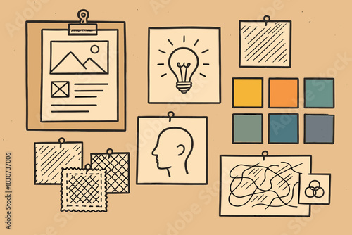 Creative mood board with doodle style design elements, color palettes, and project planning icons