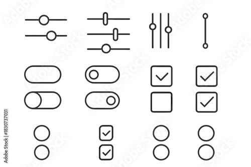 Essential user interface controls set including sliders, toggles, checkboxes, and radio buttons