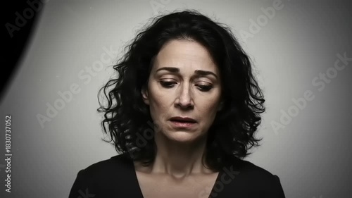 Woman with curly hair expressing sadness in studio
