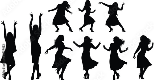 Silhouettes of joyful dancing women in various expressive poses, celebrating freedom, movement, creativity, elegance, and energetic artistic performance on a white background