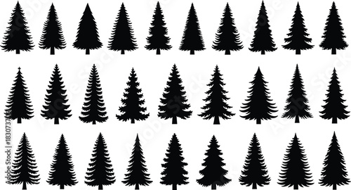 Coniferous Pine Tree Silhouettes Vector Set for Forest, Wilderness, Christmas, Winter Holiday, Landscape, and Nature Graphic Design Elements.