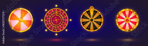 Wheel of fortune casino game with roulette spin design - realistic 3D vector mockup of lucky prize. Black, gold and red circle layout with numbers and neon light effects for big win gambling.