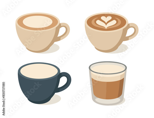 Coffee cups set, latte art, cappuccino, flat vector illustration
