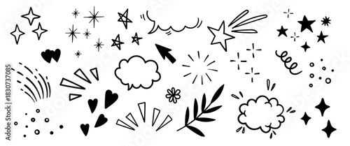 Hand drawn doodle design elements, black on white background. Swishes, swoops, emphasis, Arrow, crown, brush stroke. doodle sketch design elements