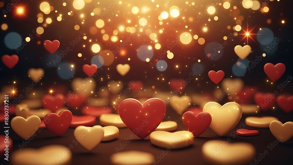 Fototapeta premium Romantic hearts and sparkling lights create an atmosphere of love magic