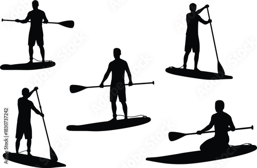 Silhouettes of people paddleboarding in various standing and sitting poses, outdoor water sport activity illustration, active lifestyle concept, paddle board collection