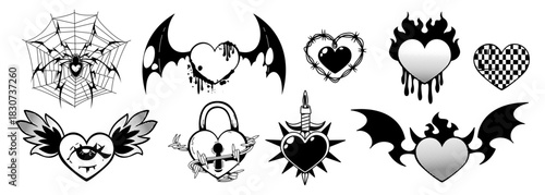 Goth heart tattoos set isolated on white. Vector illustration of black love symbols y2k design decorated with eye, devil or bat wings, lock, candle, spider web, wire, flame, old school punk stickers