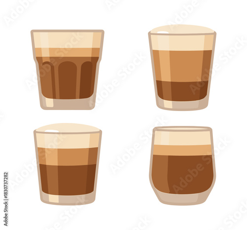 Coffee drinks collection, espresso, americano, latte, flat vector illustration