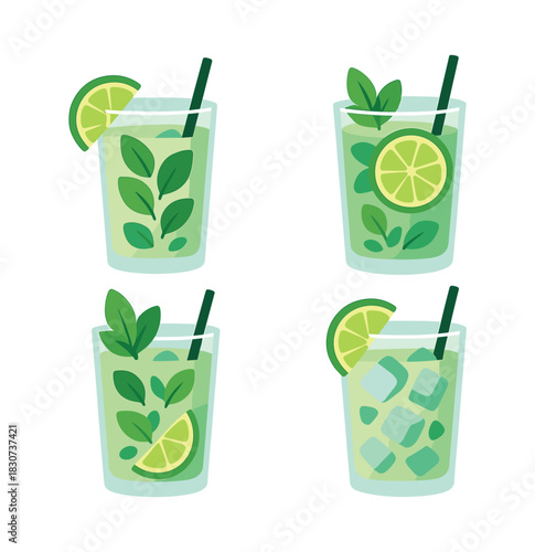 Lime drinks collection, refreshing mint, flat vector illustration, lemon detail