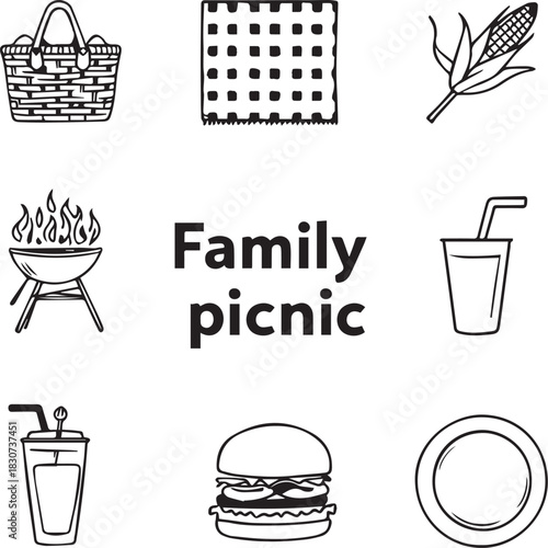 Black and white vector illustration of family picnic icons including food, drinks, grill, and accessories