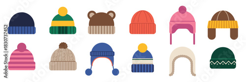 Winter hats vector, collection including wool caps and stylish knitted beanies, flat fashion illustrations perfect for cold-weather outfits, casual wear, and winter design projects.