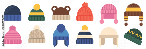 Winter hats vector set, featuring modern wool caps and trendy knitted beanies, flat illustrations of fashionable head accessories for cold weather and casual style.