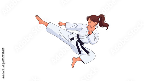 Female Karate Practitioner Executing a Flying Side Kick.