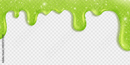 Vector green slime dripping frame with sticky jelly texture. Halloween goo border with realistic liquid splash and toxic snot drops on transparent background. Bright spooky design for monster banners