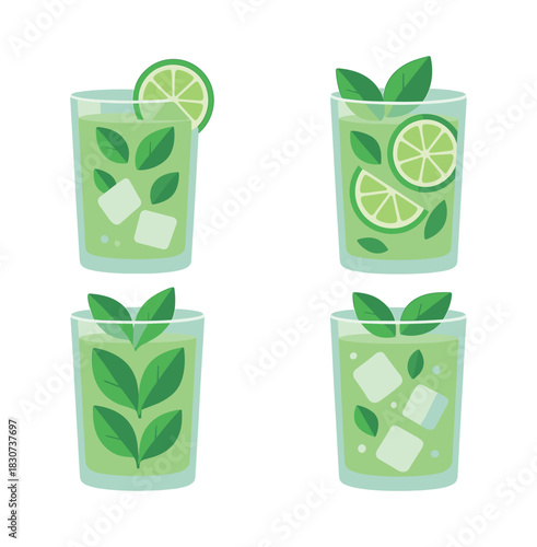 Lime drinks collection, refreshing mint, flat vector illustration, lemon detail