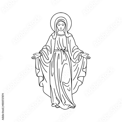 Elegant line art depiction of Virgin Mary with open arms, radiating peace and divine grace figure
