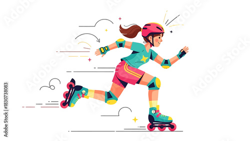 Girl roller skating with protective gear in dynamic motion.