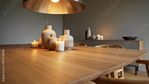 Minimalist Dining Room: Modern Design with Wooden Table, Chairs, and Candlelight Ambience