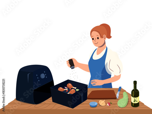 Smiling woman seasoning chicken drumsticks for cooking in modern air fryer at kitchen table with fresh vegetables and oil bottle healthy home meal