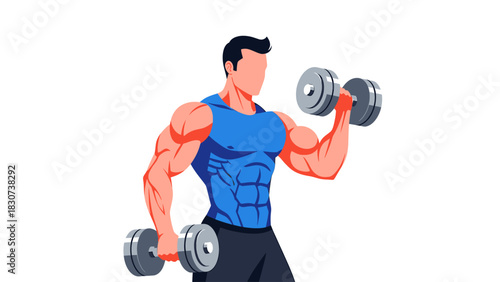 Muscular Man Lifting Dumbbells for Strength Training.