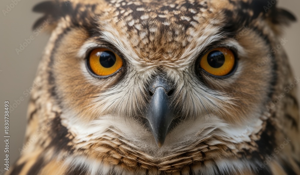 Obraz premium Majestic owl gazes intensely with piercing orange eyes in soft natural light