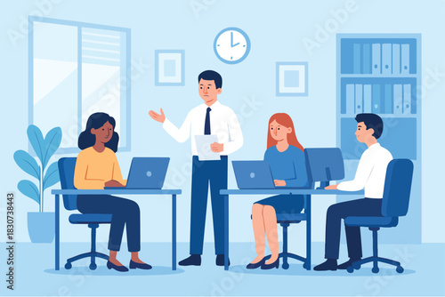 Cartoon Office Meeting with Presenter and Laptop Users