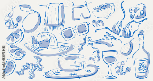 Italian summer beach sketch set with amalfi coast elements - lemon slices, sunglasses and seafood. Hand drawn doodle vector in blue ink style. Mediterranean vacation icons for coastal tourism design
