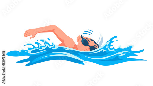 Swimmer in action with goggles and cap in blue water.