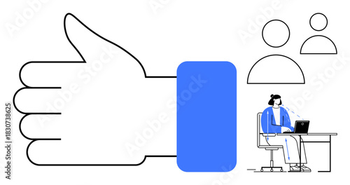 Remote work concept. Remote work through a large thumbs-up, virtual collaboration, and teamwork symbols. Remote work boosting productivity, virtual meetings, collaboration, efficiency, and creativity
