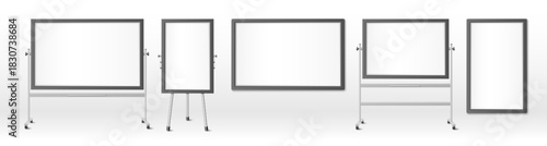 Different office whiteboards set isolated on background. Vector realistic illustration of blank 3d school education boards, empty flipchart mockup, business presentation, corporate meeting equipment