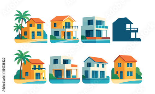 Modern house collection, palm trees, architecture, flat vector illustration