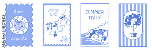 Amalfi vintage postcard stamp set with summer coastal Italy motifs - blue decorative border frames with pasta dish, lemon branch, Mediterranean seaside village and potted citrus tree in retro style.