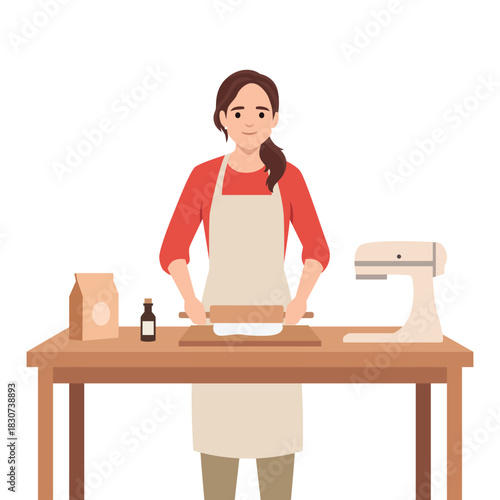 Woman Baking Dough in Kitchen. Flat vector illustration isolated on white background