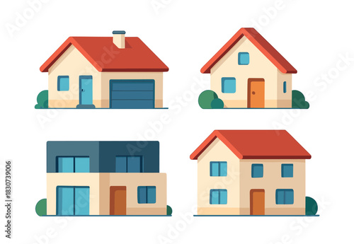 Residential home collection, houses, buildings, flat vector illustration