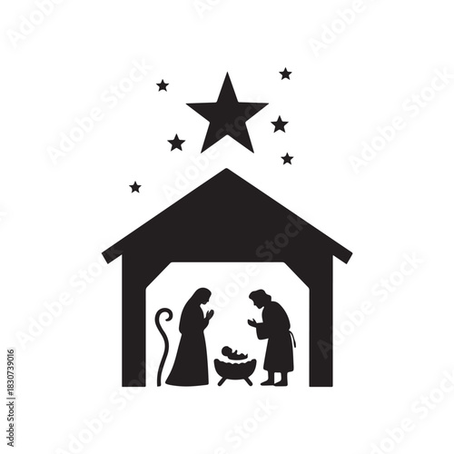  Black Silhouette Vector of Christmas Nativity Scene with Manger and Star.