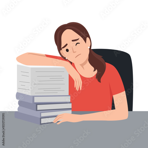 Tired Woman Leaning on Stack of Books. Flat vector illustration isolated on white background