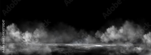 Water surface with smoke and fog effect at night - mysterious glowing mist rising over dark ground. Black background with white cloud haze and spooky atmosphere for horror or mystery design.
