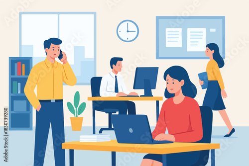 Cartoon Office Scene with Four Workers in Action